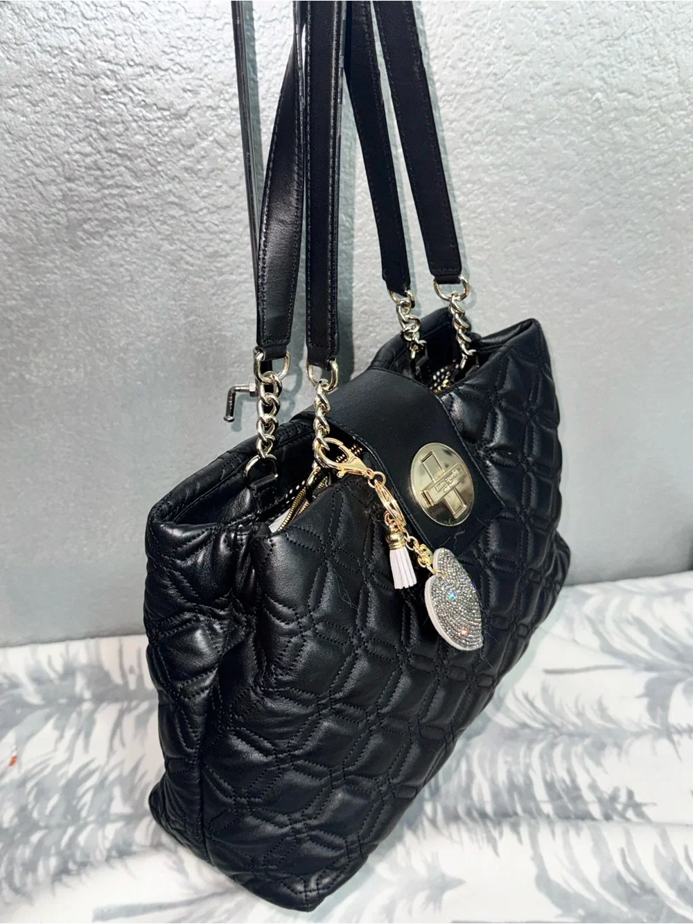 kate spade Black Quilted Shoulder Bag with Gold Hardware and Heart Charm